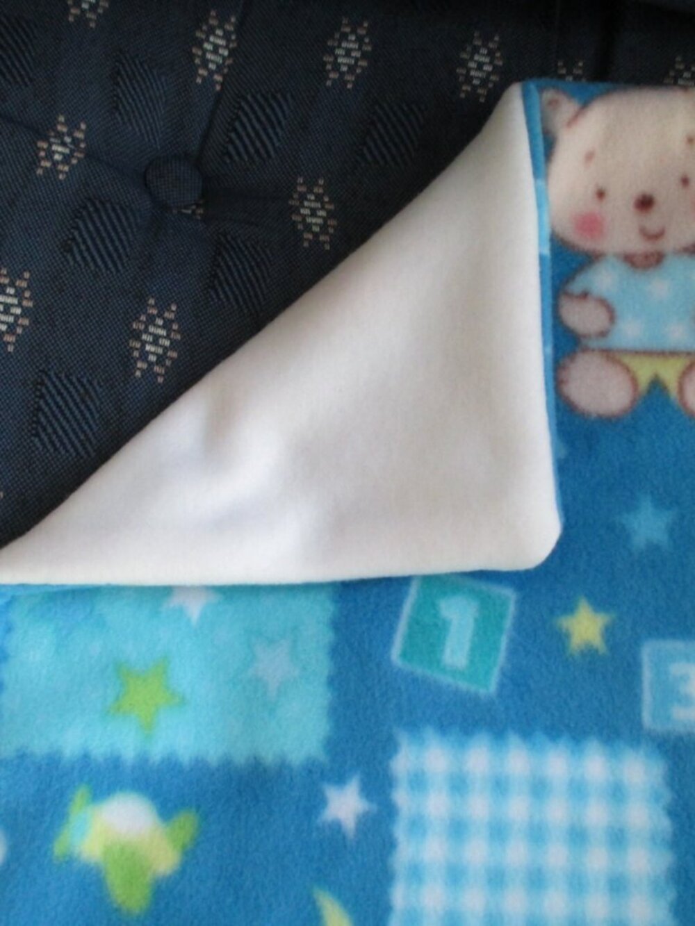 Fleece Baby Blanket Lovie: Blue Teddy Bear & Airplane Print, 13x13"